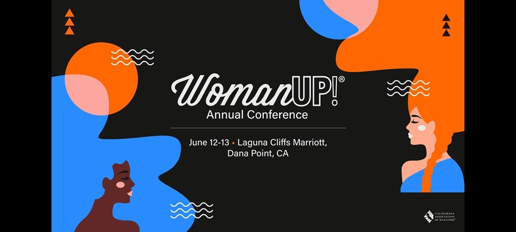 graphic with black background and white text. WomanUP! Annual Conference June 12-13 at Laguna Cliffs Marriott in Dana Point